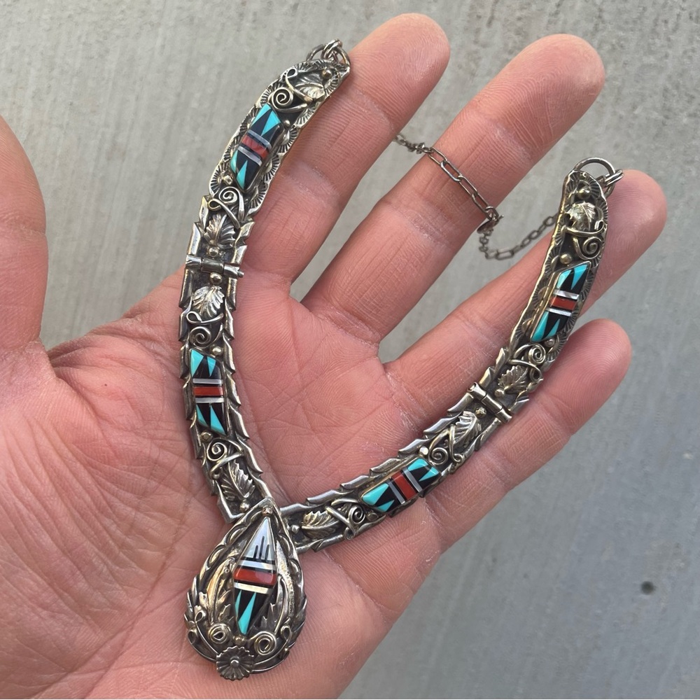 Signed LT Native American Southwest Sterling Silver Turquoise & Coral Necklace